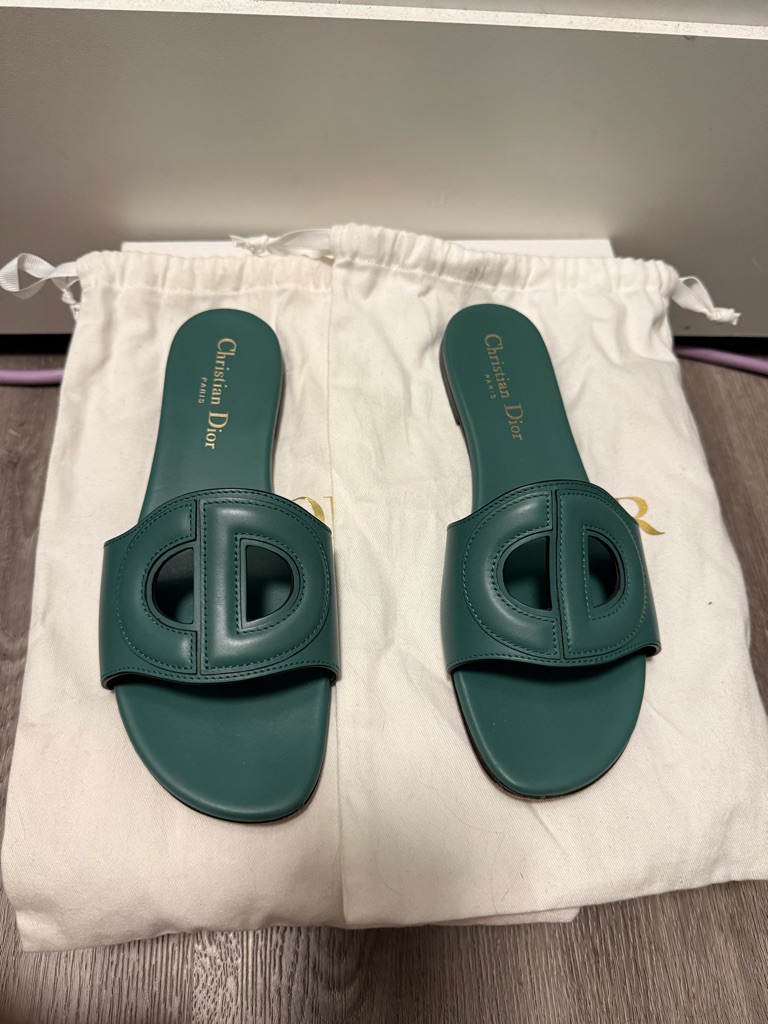 Christian Dior D-Club Slide Sandals Green Leather Logo Slides Eu 37.5 Us 7